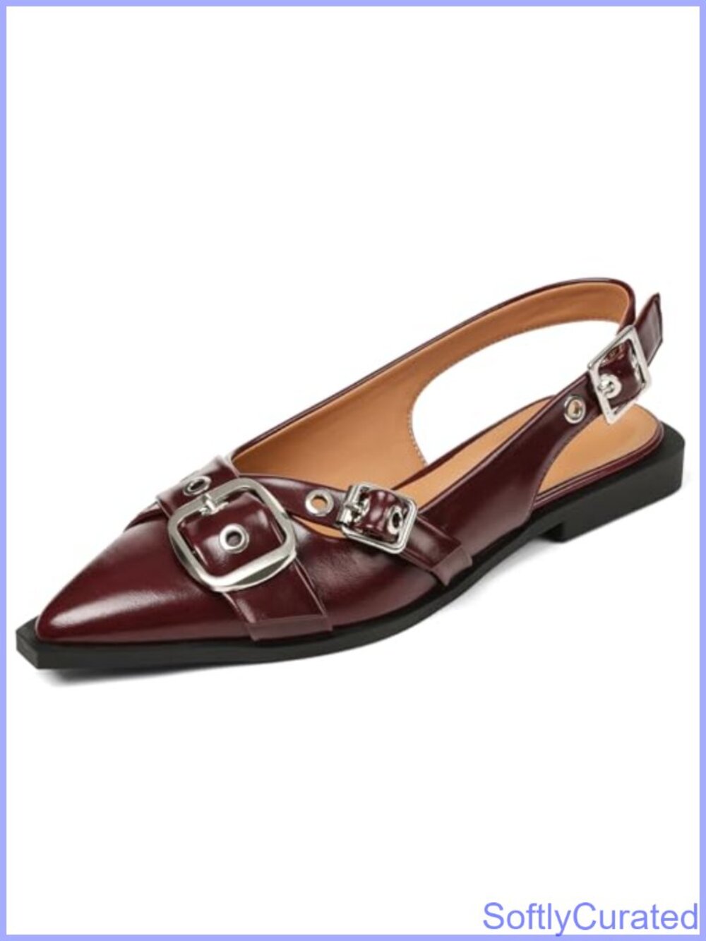 Patent Leather Slingback Flats Pointed Toe Low Heel Buckle Dress Shoes